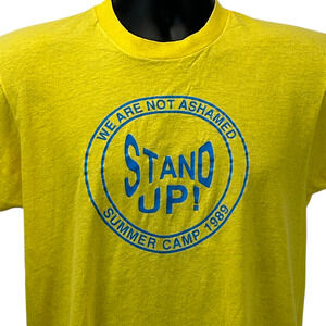 Vintage We Are Not Ashamed Summer Camp T Shirt Mens M Medium Yellow 80s Stand Up